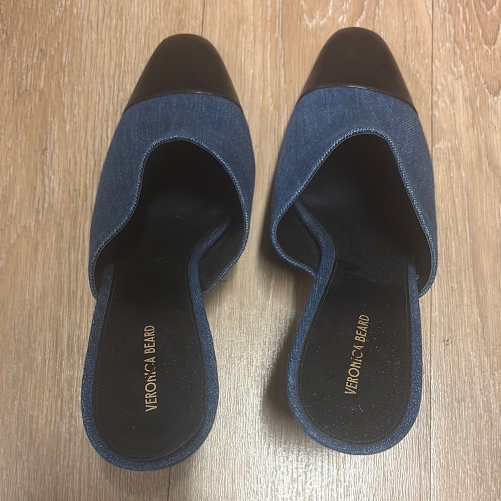 Veronica Beard Denim Slip-On Mules with Black Cap Toe 12M